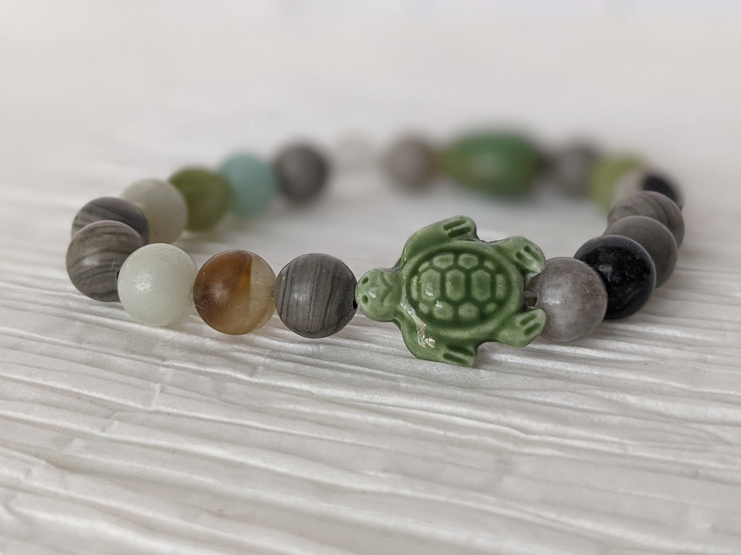 Sea Turtle Bead Bracelet | Handmade Beaded Green Sea Turtle Bracelet | Women's Sea Turtle Bracelet with natural gemstones and wood beads