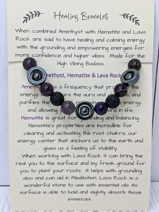 Amethyst Grounding Bracelet Lava Rock + Hematite | Amethyst Bracelet with Hematite | Purple Stone Bracelet | Aromatherapy Lava Rock Bracelet