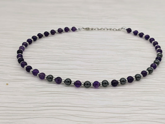 Amethyst Necklace with Hematite | Amethyst Beaded Necklace | Grounding Necklace with Hematite & Amethyst | Purple Stone Necklace